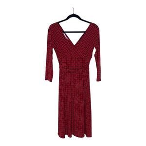 Maggy London Red & Black Print Jersey VNeck 3/4 Sleeve Gathered Waist Midi Dress